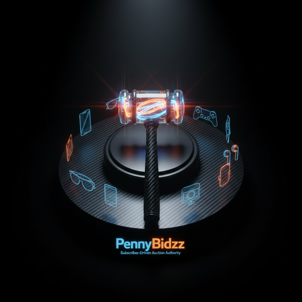 An overhead view of a glossy black auction gavel transformed into a futuristic digital device, with a transparent acrylic head glowing from within in vivid orange and blue, resting on a dark carbon-fiber podium. Around it, holographic-style icons of popular products—smartphones, gaming consoles, designer accessories—hover faintly above the surface, rendered with subtle transparency and cool highlights. A focused spotlight from above creates dramatic reflections on the carbon fiber weave and a vivid halo around the gavel, while the background falls into a deep vignette. Shot in photographic realism with a strong central composition, the mood is bold, tech-forward, and powerful, symbolizing the modern, subscriber-driven auction authority of PennyBidzz.